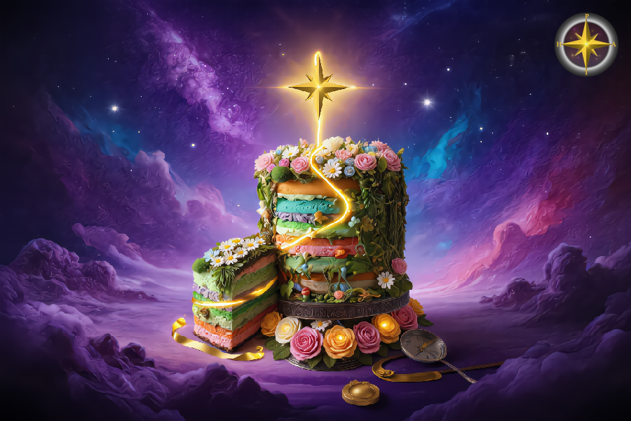 A colourful layered cake surrounded by flowers beneath a glowing compass star, symbolizing the little treat economy, lifestyle inflation, conscious spending, and long-term wealth building.